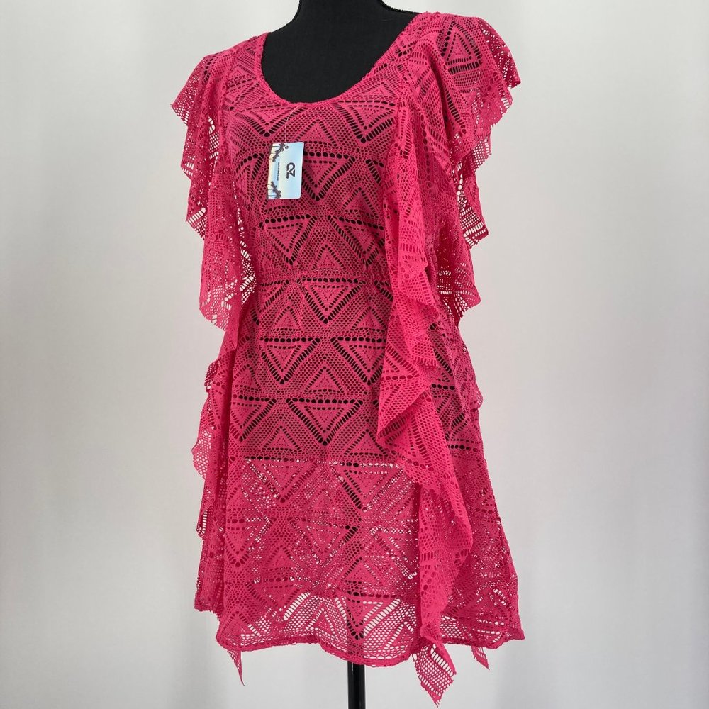 Crochet Swimsuit Cover Up Beach Dress Pink L/XL